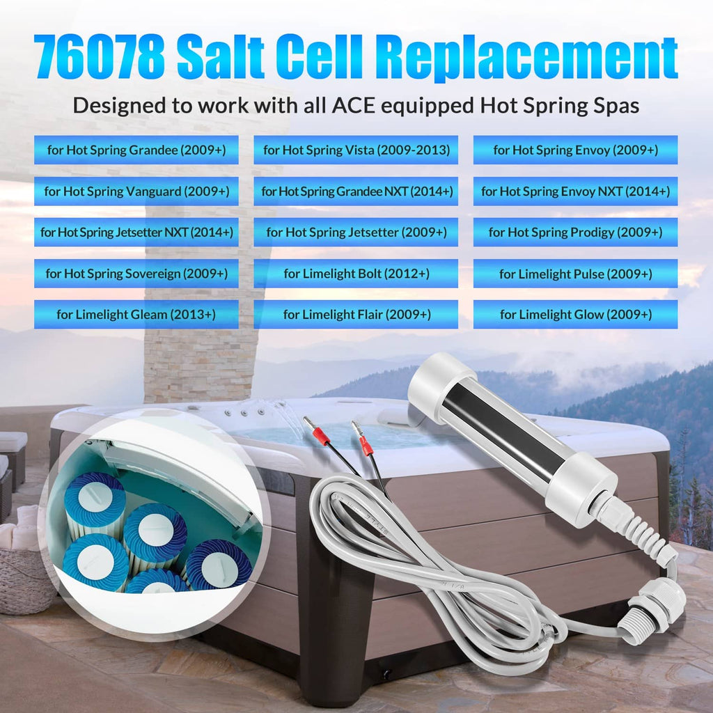 Salt cell replacement kit with cylindrical cartridge, cables, and red-tipped wire leads