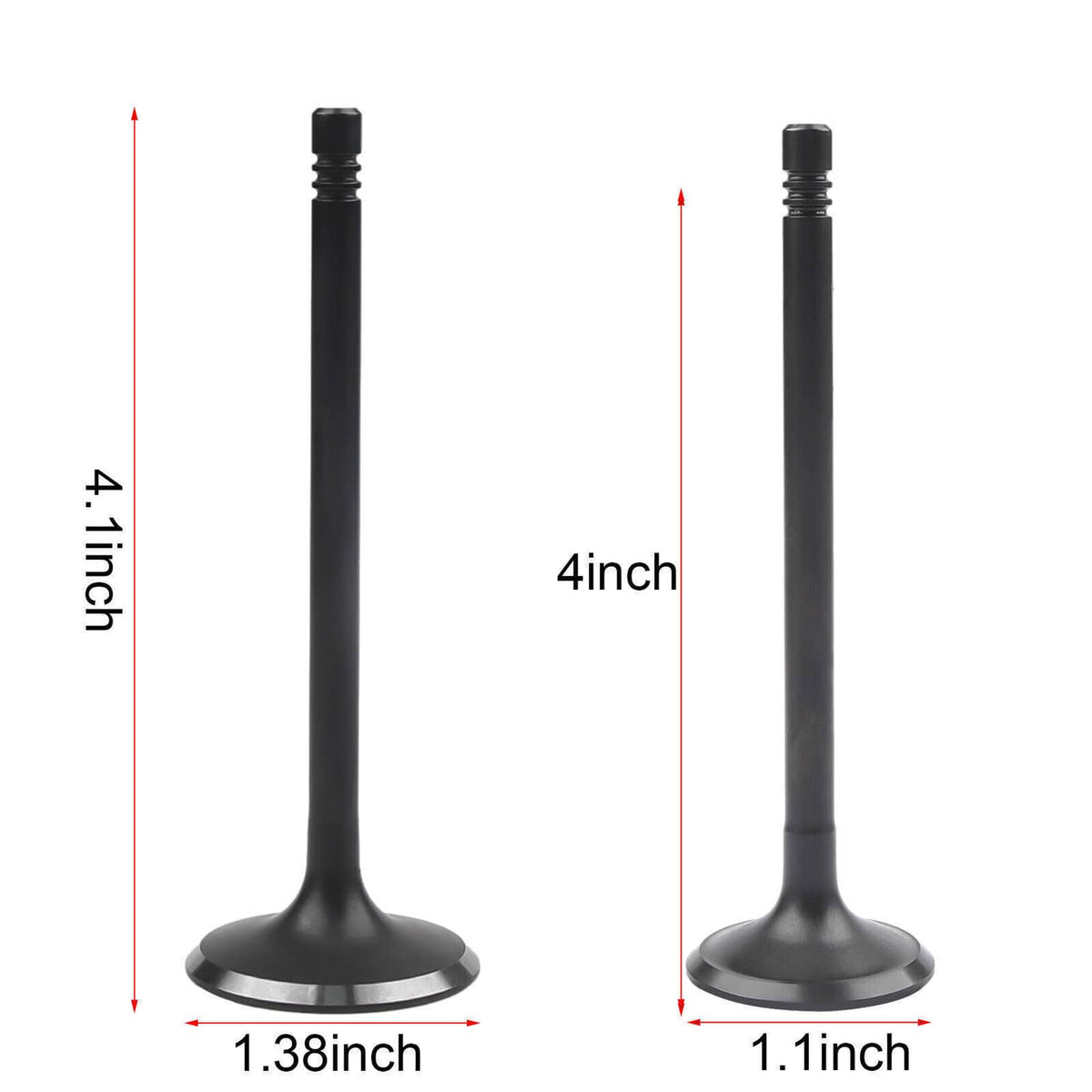 Engine valve set with long black stems and flat round metal heads, two height sizes