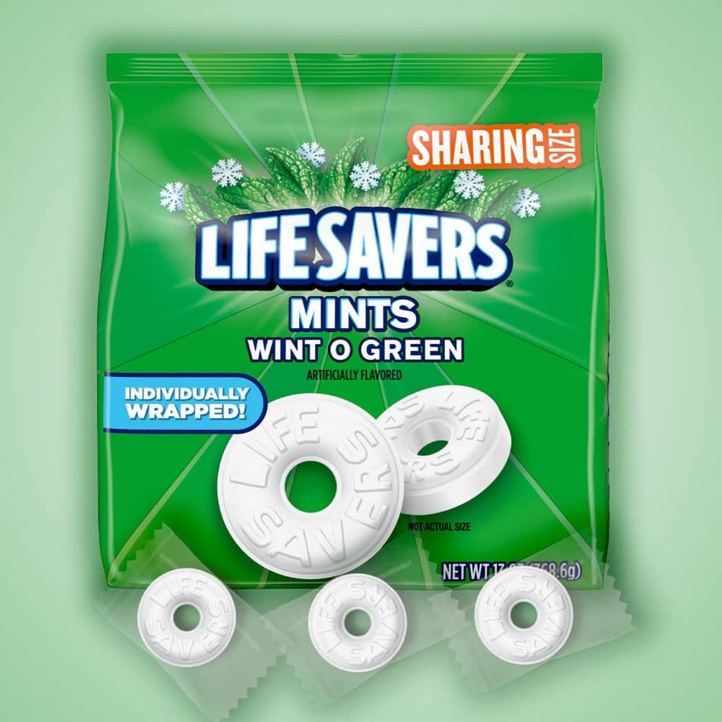 Green sharing-size bag of hard candy mints with individually wrapped mint pieces