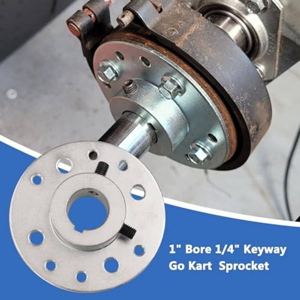 Steel go-kart rear sprocket hub with 1 inch bore and keyway, shown with mounting axle.