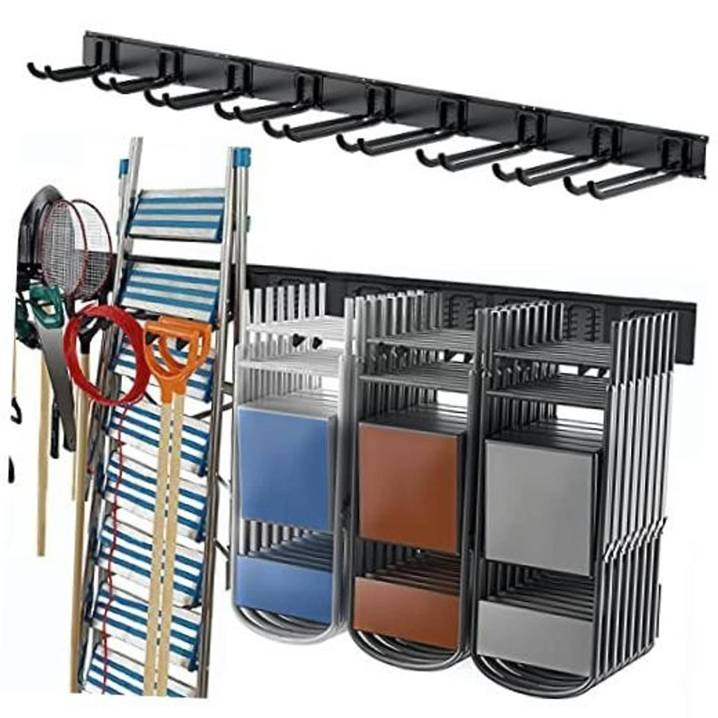 Black wall-mount tool storage rack with multiple hooks and hanging tool bins