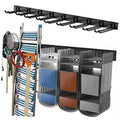 Black wall-mount tool storage rack with multiple hooks and hanging tool bins