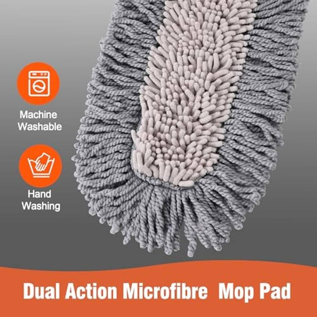Grey microfiber mop pad with dense looped fibers and orange-bordered frame