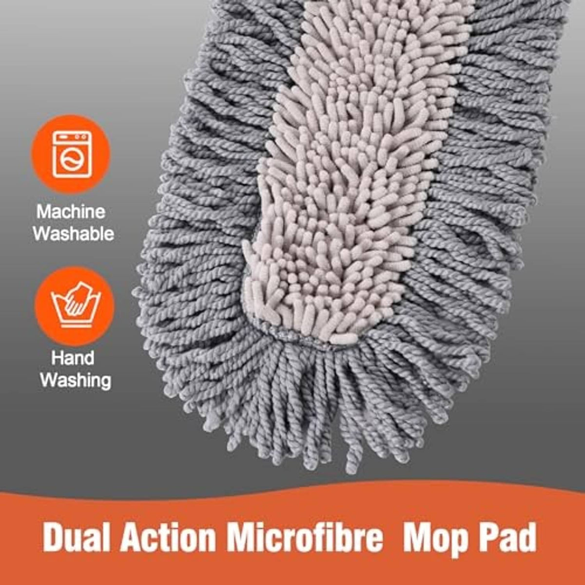 Grey microfiber mop pad with dense looped fibers and orange-bordered frame