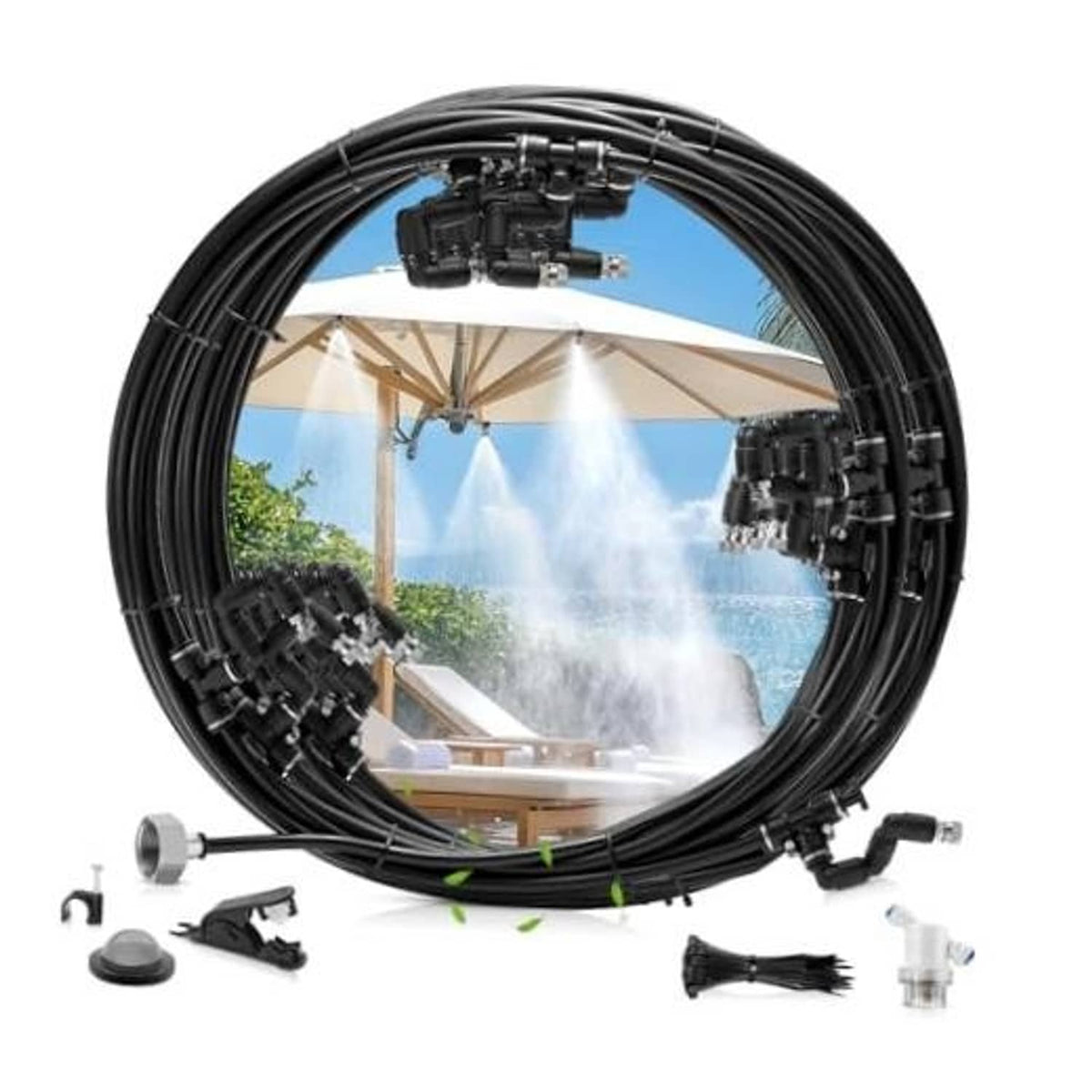 Black misting line with adjustable 360° nozzles spraying over patio umbrella
