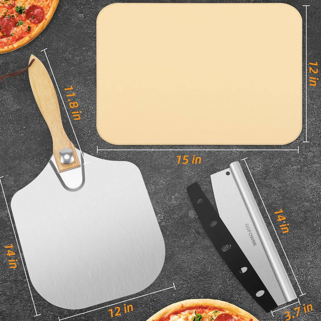 Rectangular beige pizza stone with pizza peel and cutter, plus size guide