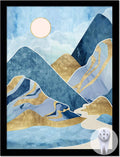 Black frame displaying abstract blue mountain wall art with gold highlights and white curves.