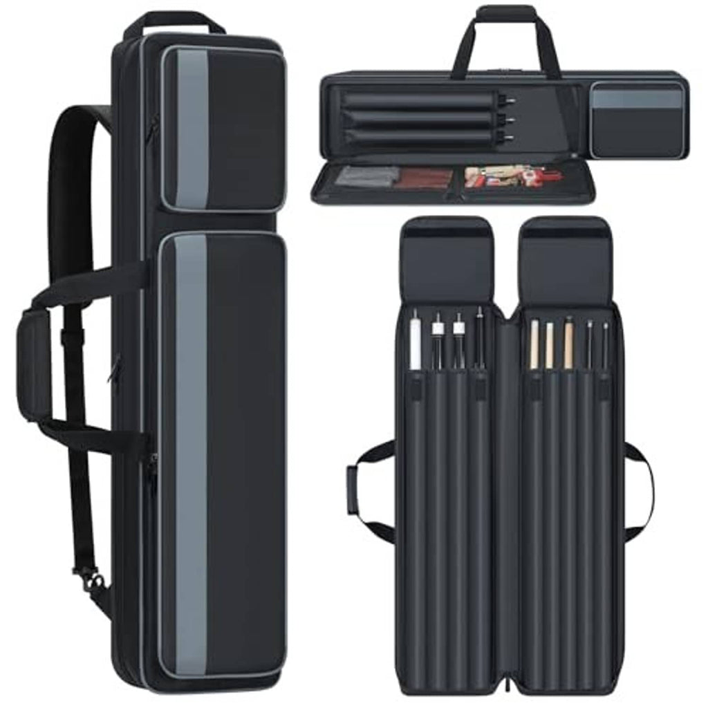 Black pool cue case open with multiple cue slots and accessory pockets, zip closure