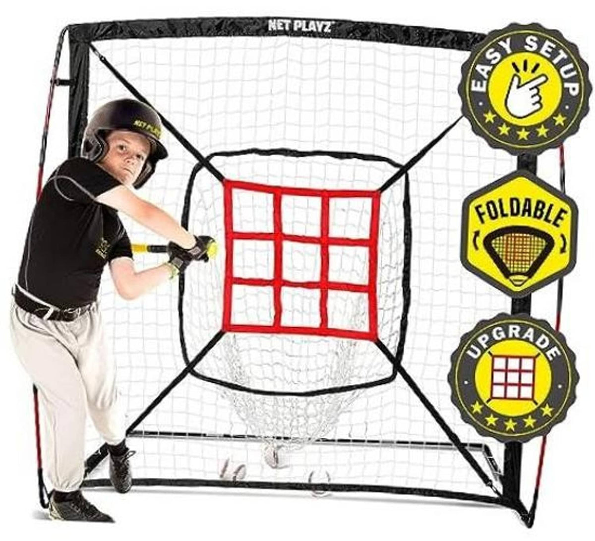 Portable baseball practice net with white mesh and red strike-zone target grid