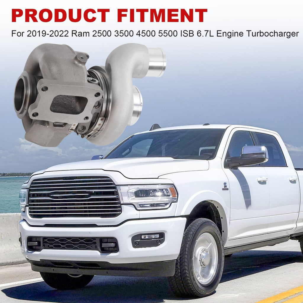 Turbocharger next to pickup truck front view, showing cast exhaust housing