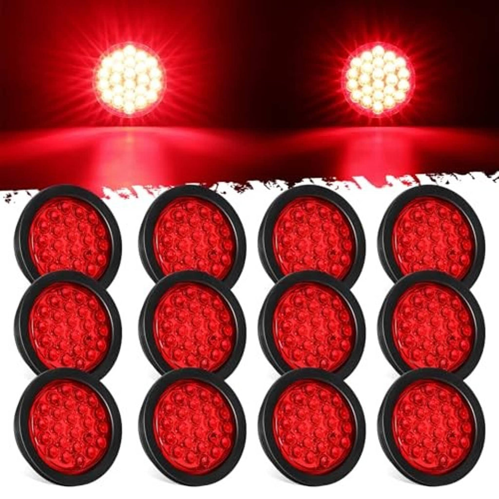 Set of 12 red round LED trailer tail lights shown in a front view, lights on.