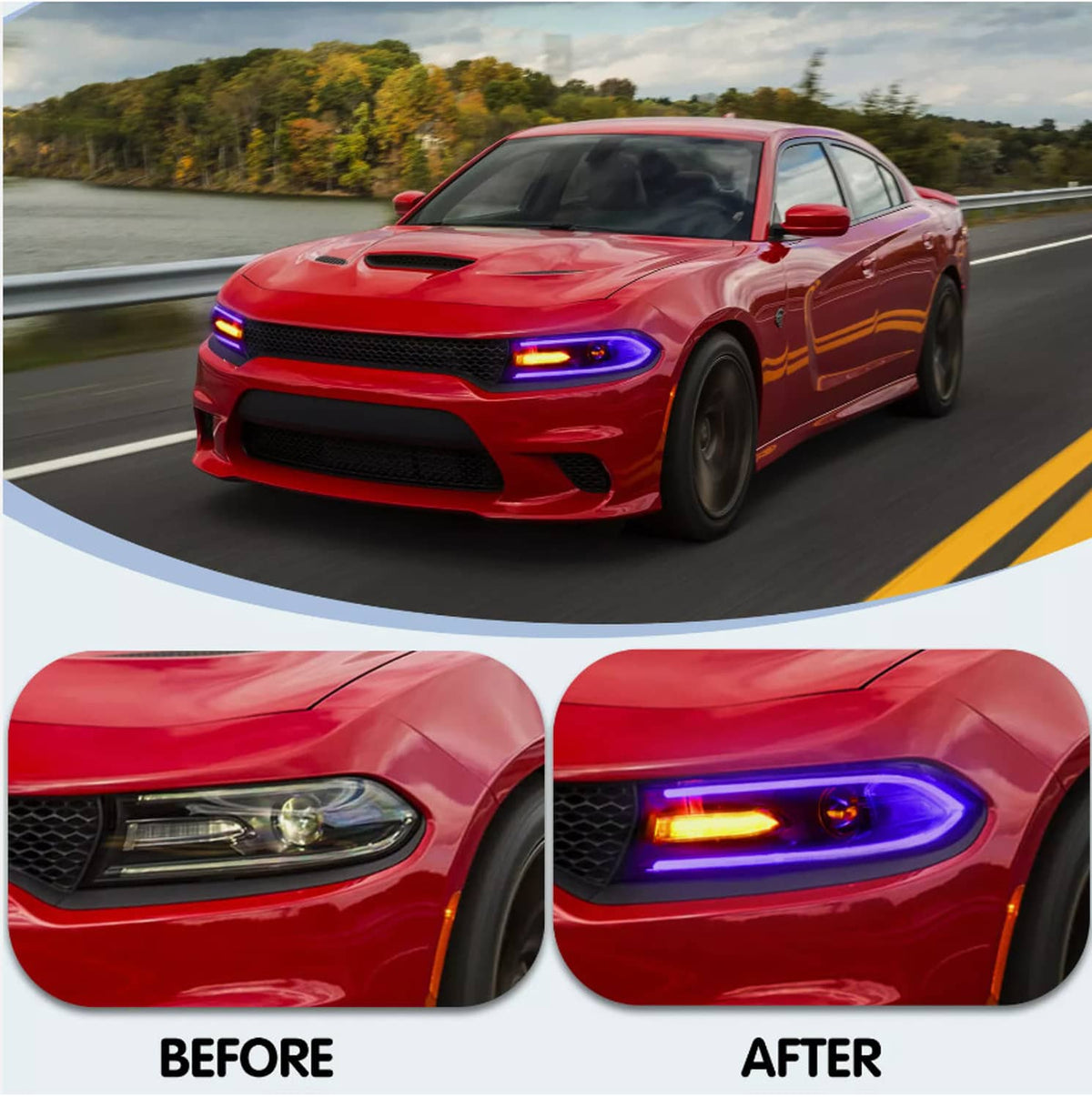 RGB LED projector headlights pair showing green and blue front light glow