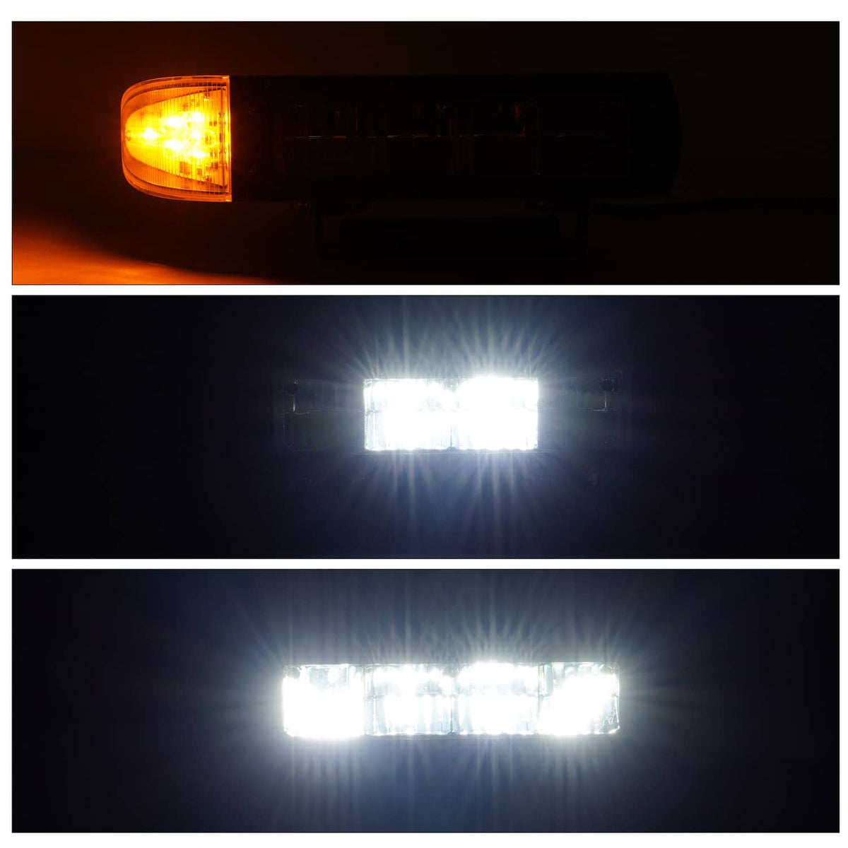 Heated LED plow light with amber side indicator and bright white light output