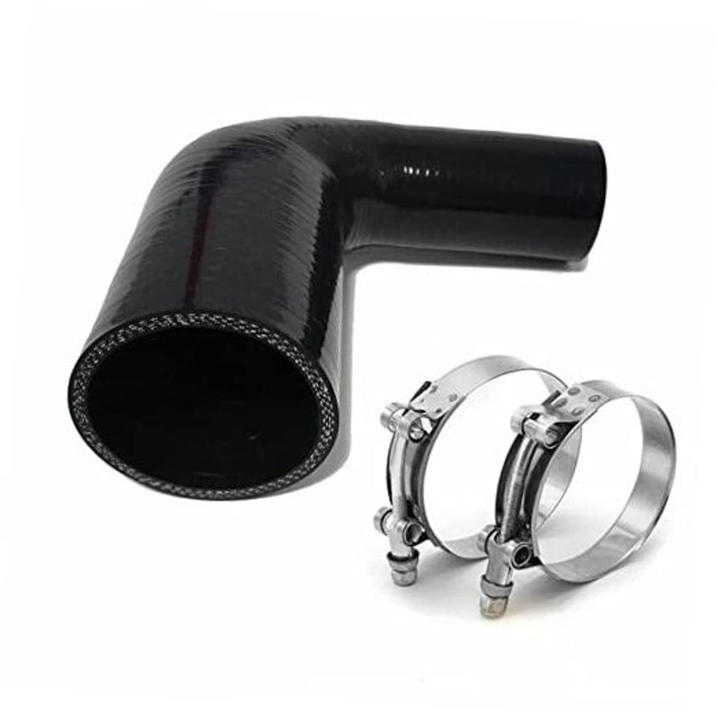 Black 90-degree silicone hose reducer elbow with metal clamp set