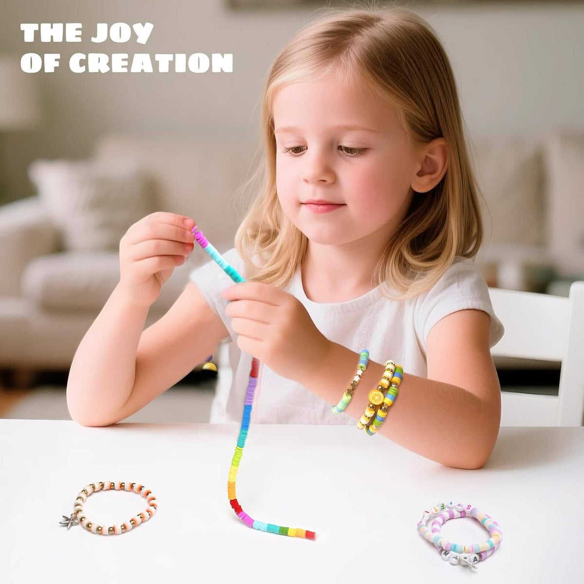Kids bracelet making kit: child threading colorful beads onto a string