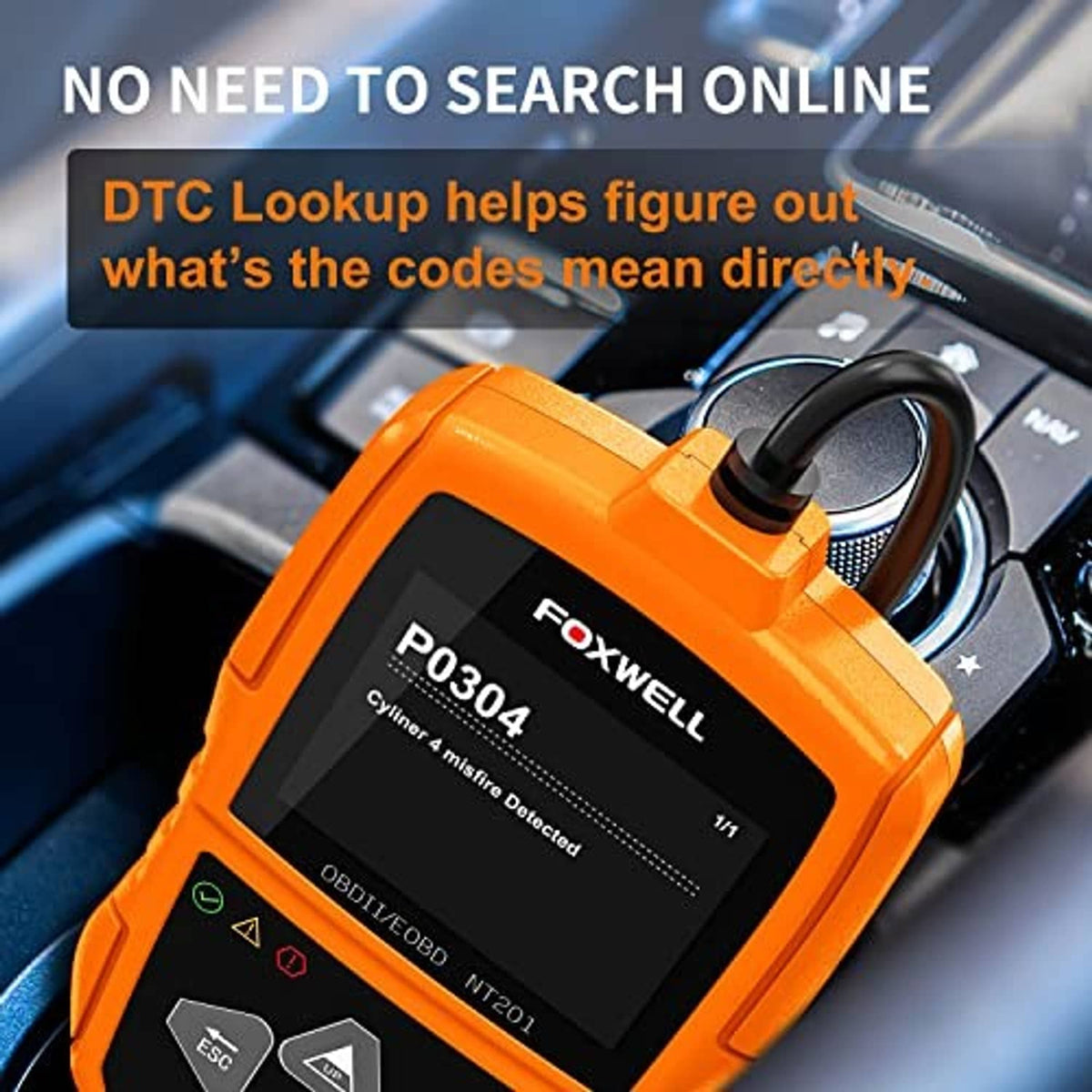 Orange FOXWELL NT201 OBD2 scanner with screen, cable, and mounted handheld controls