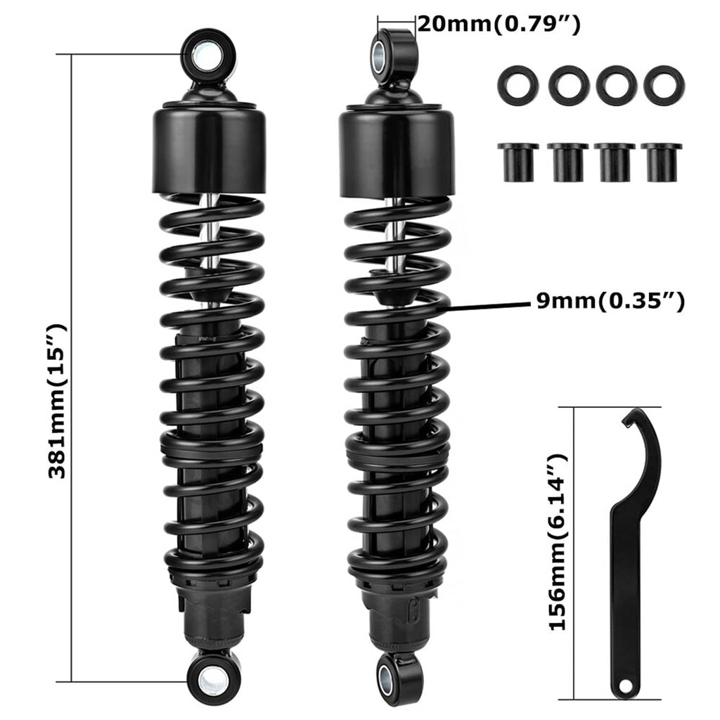 Adjustable rear shock absorbers diagram with dimensions and mounting components