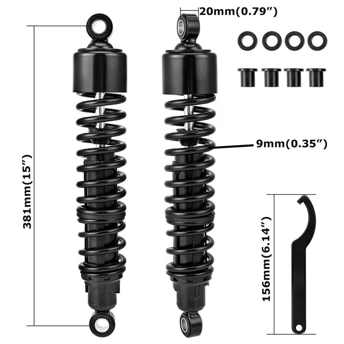 Adjustable rear shock absorbers diagram with dimensions and mounting components