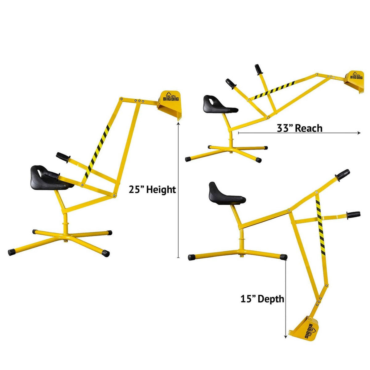 Yellow digger playset size diagram: 25" height, 15" depth, 33" reach.