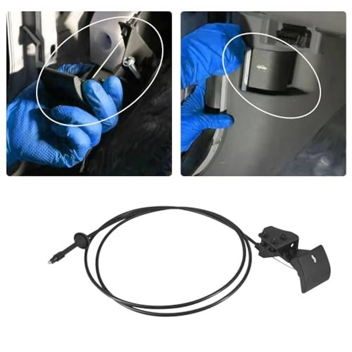 Hood latch release cable with handle and black latch bracket ends