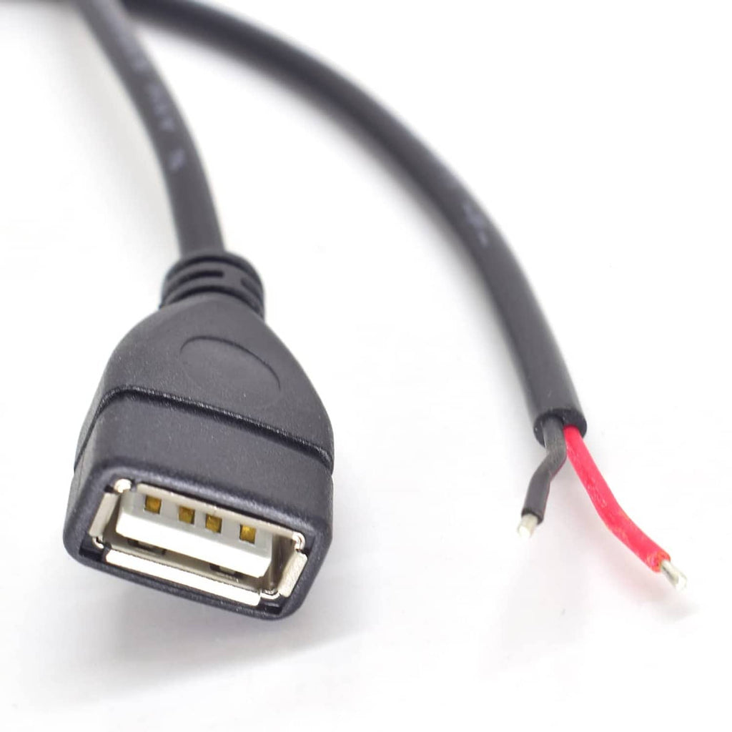 USB pigtail cable with USB connector face and red and black stripped wire end.