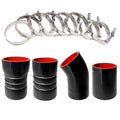 Intercooler hose clamp kit with silver metal worm-gear clamps and bolts.