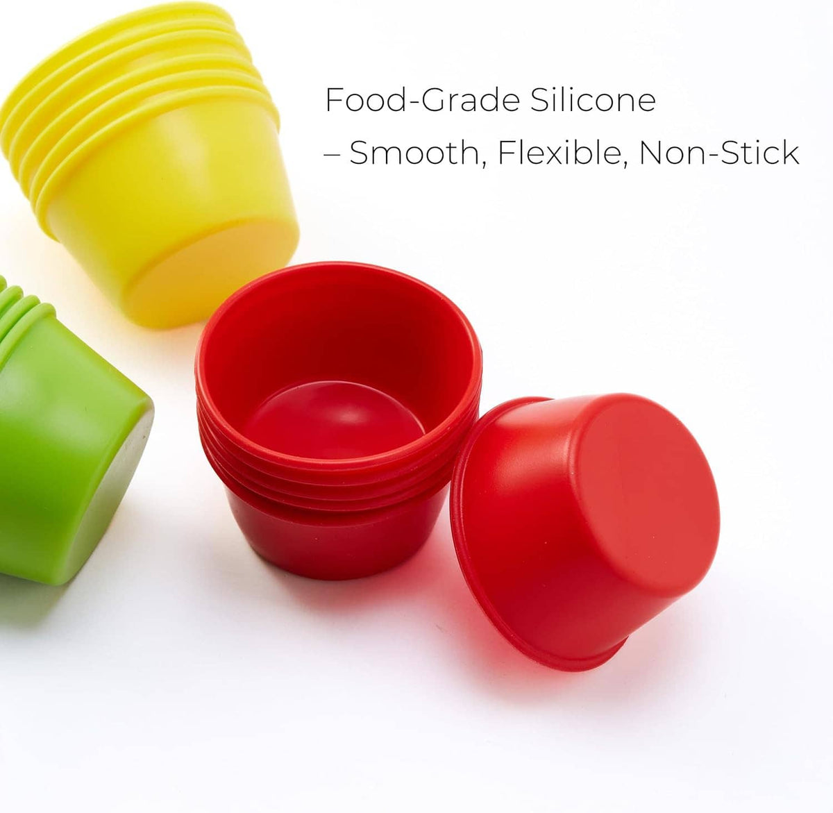 Food-grade silicone puto molds with red, yellow, and green cups; one lid-side open