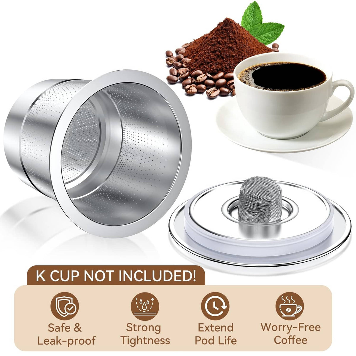 White gasket ring for reusable K cups laid across an open top of a metal pod