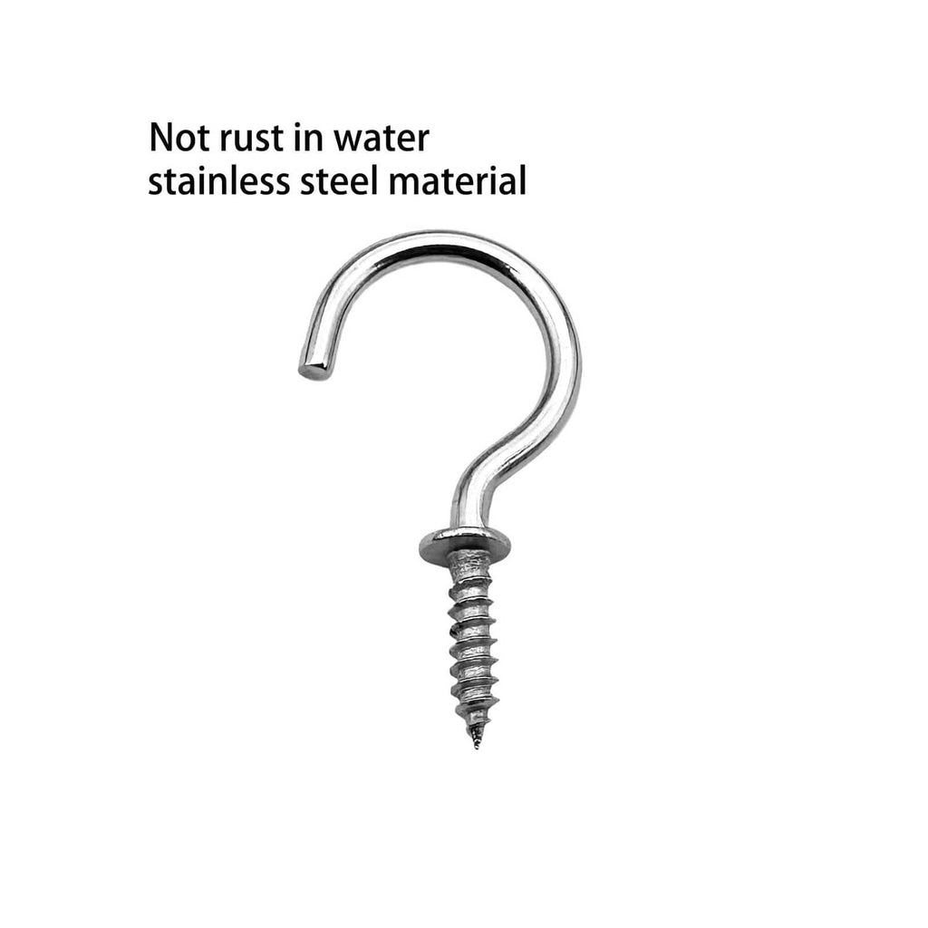 Stainless steel screw ceiling hook with shiny curved loop and screw threads