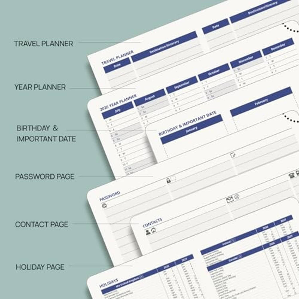 Pocket monthly planner interior pages with labeled sections and blue header bars