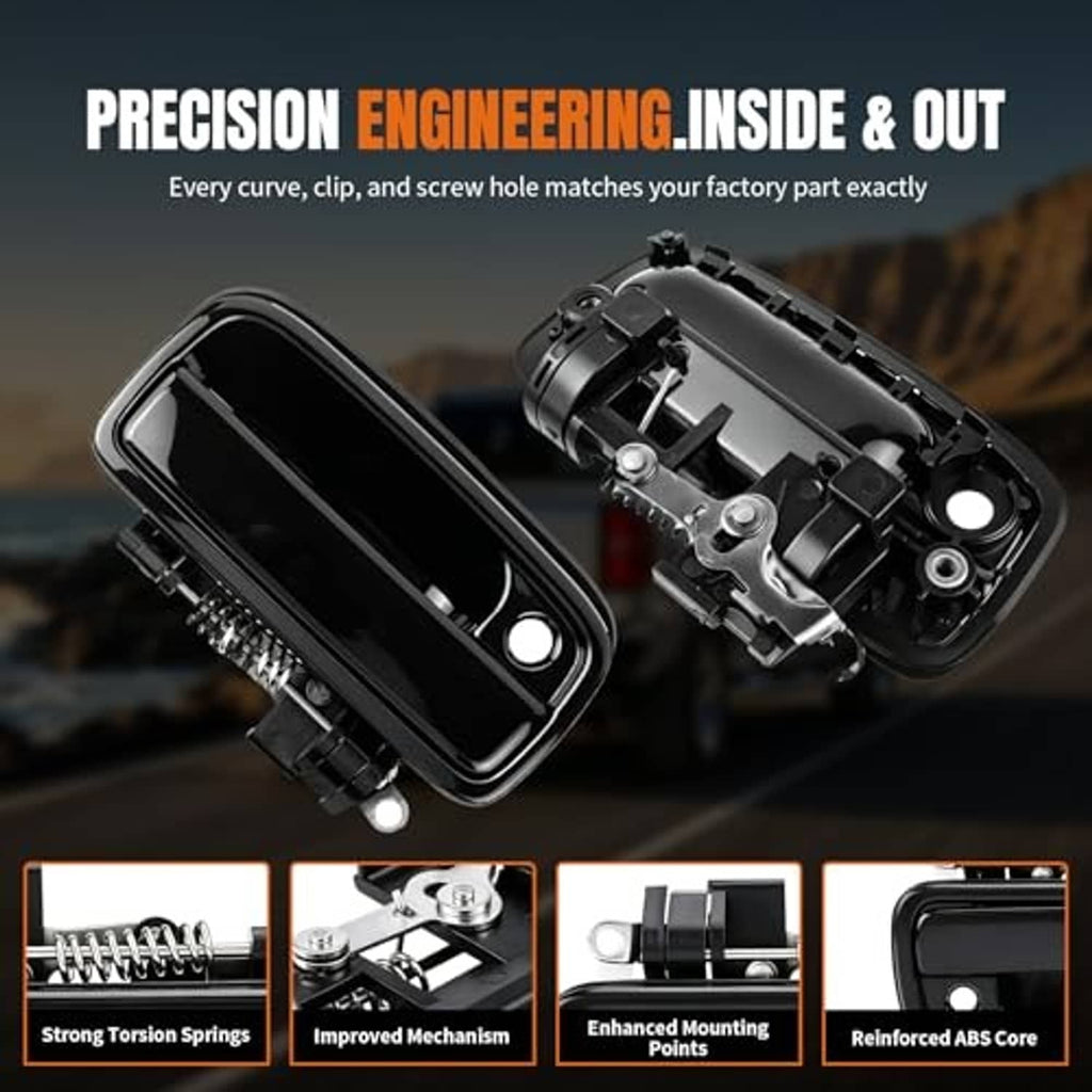 Black exterior door handle pair with internal mechanism and mounting brackets.
