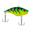 Green-yellow firetiger crankbait fishing lure with red eye and two treble hooks