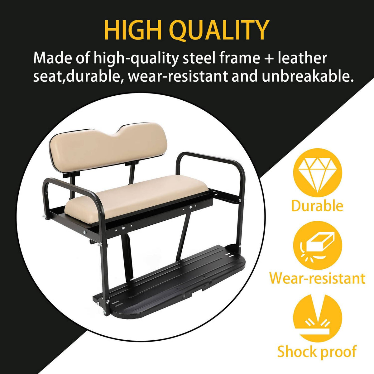 Tan leather-style seat cushion and padded backrest on black metal frame