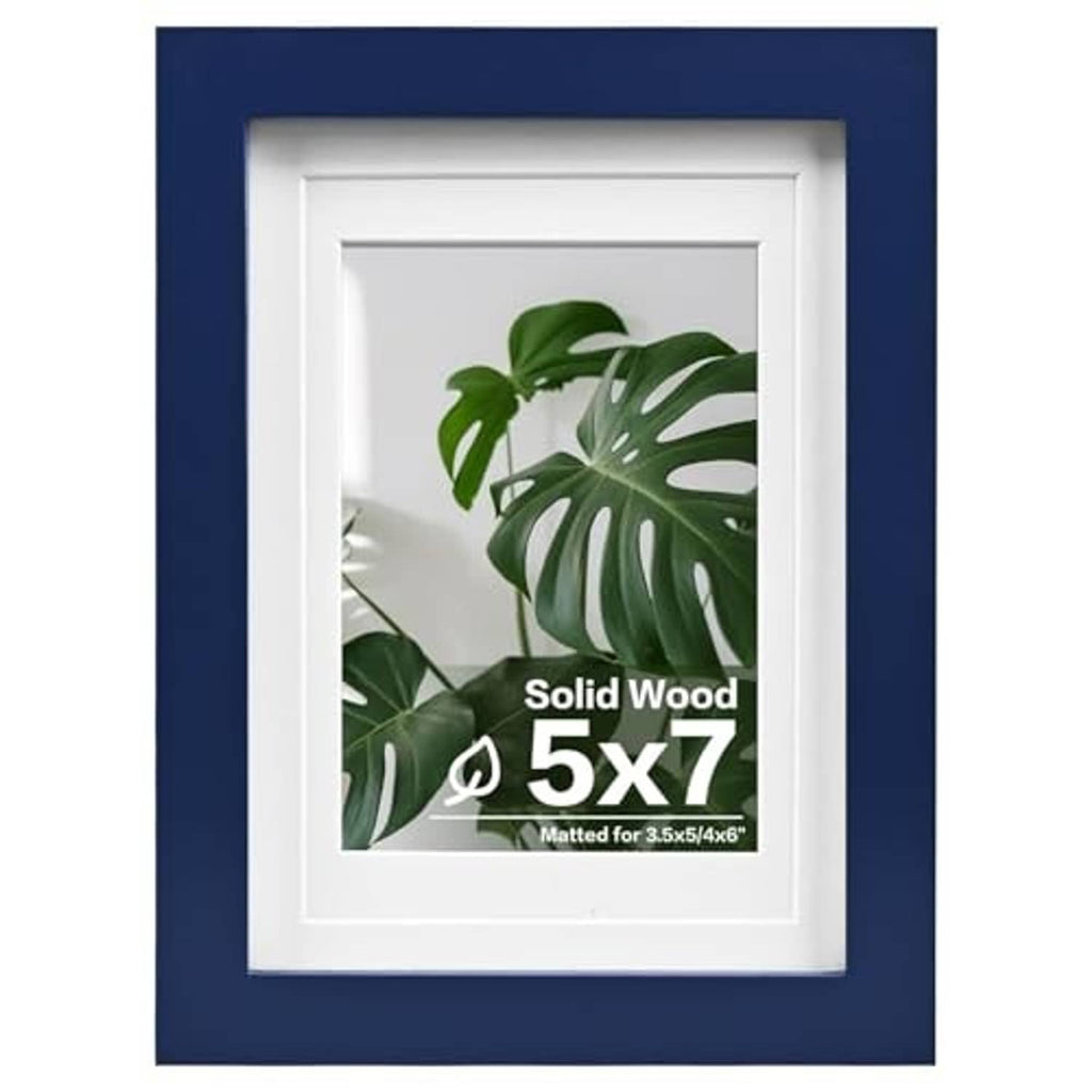 Navy solid wood photo frame with plexiglass front, white mat, 5x7 picture display