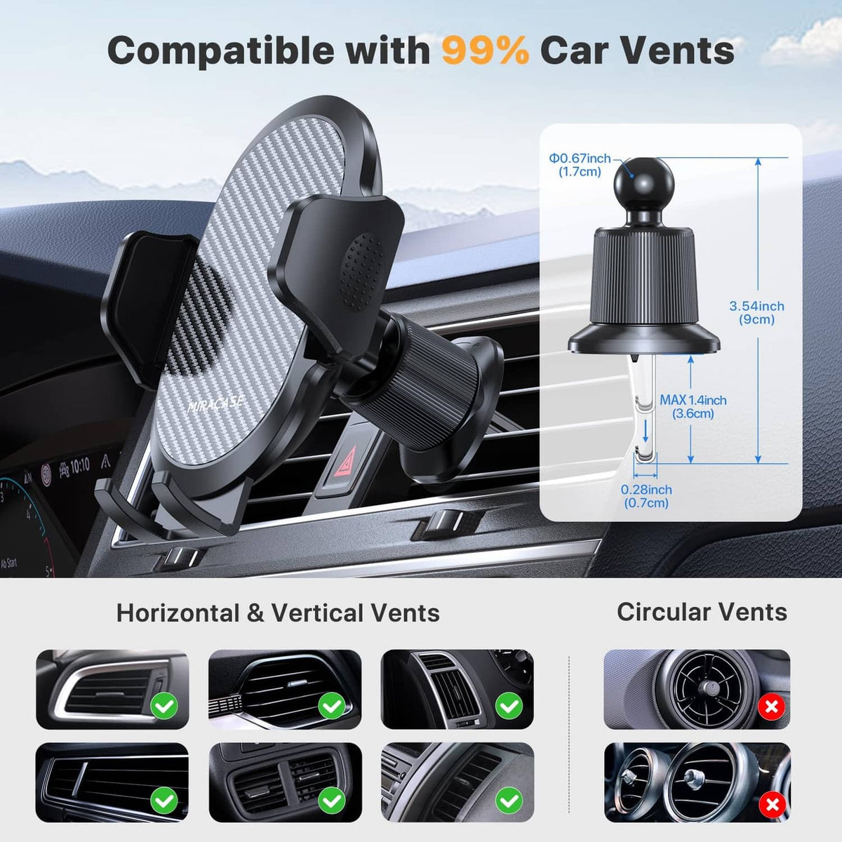 Car vent phone holder with dark black mount for horizontal and circular vents