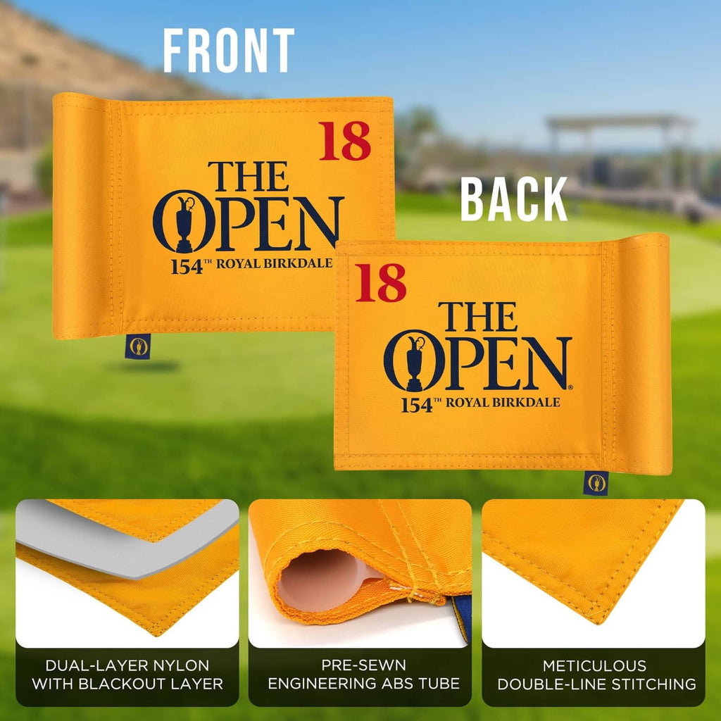 Two-sided miniature golf flag showing The Open 18 on front and back