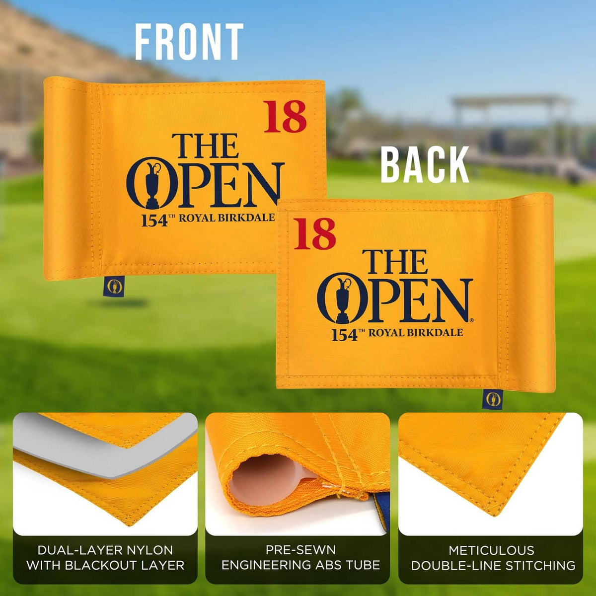 Two-sided miniature golf flag showing The Open 18 on front and back