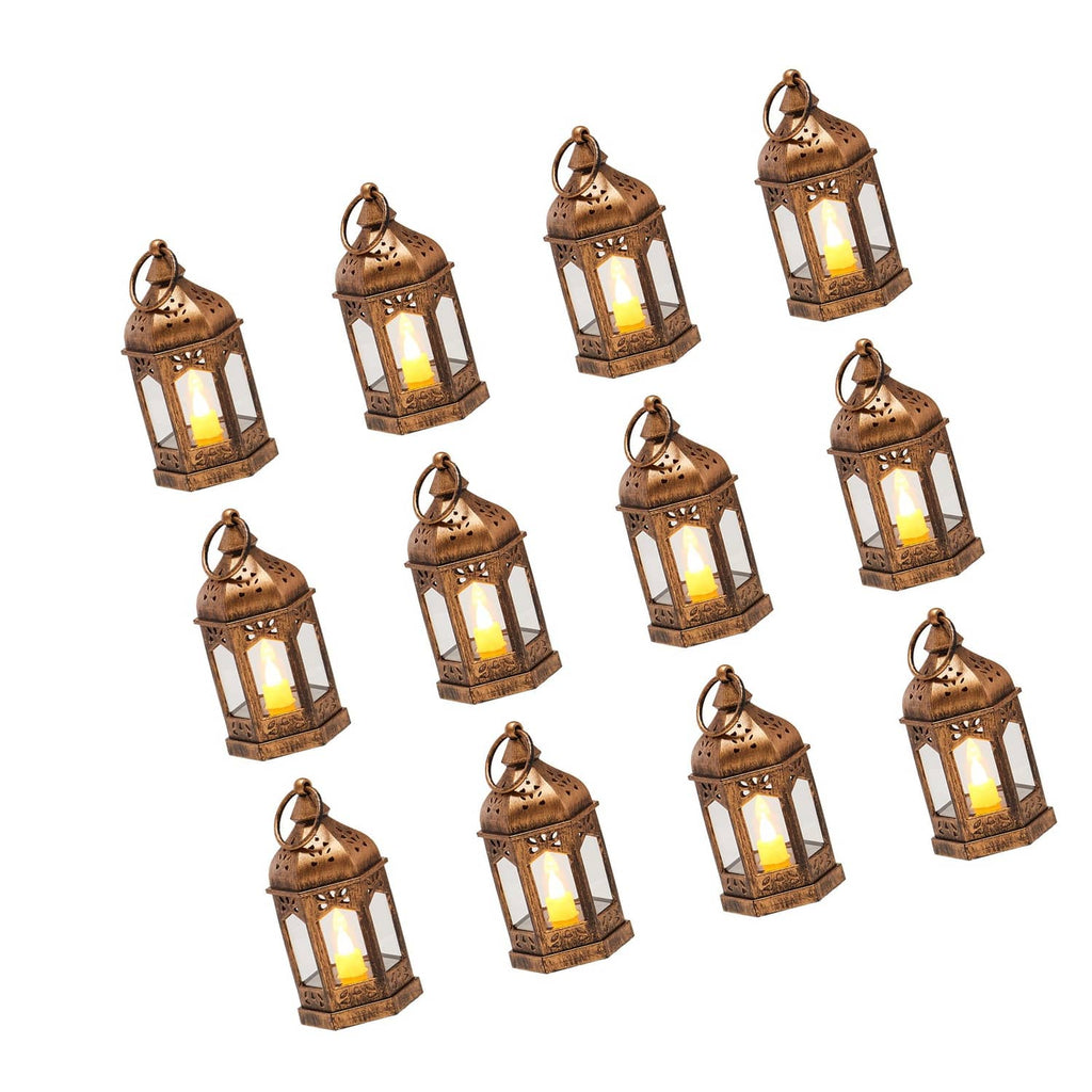 Bronze LED flameless candle lantern set: 12 hanging lanterns with glass panels