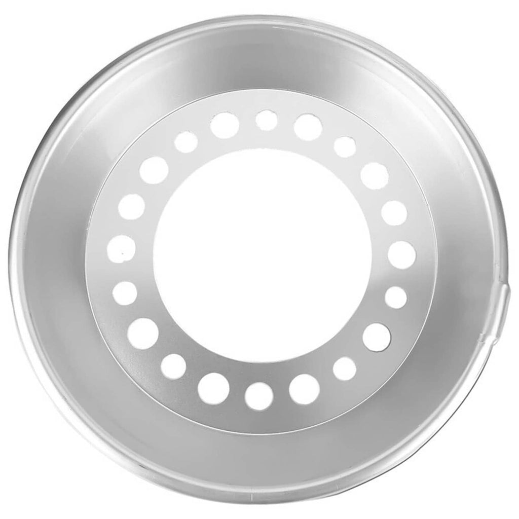 Silver steel wheel balancer disc with circular pattern of mounting holes