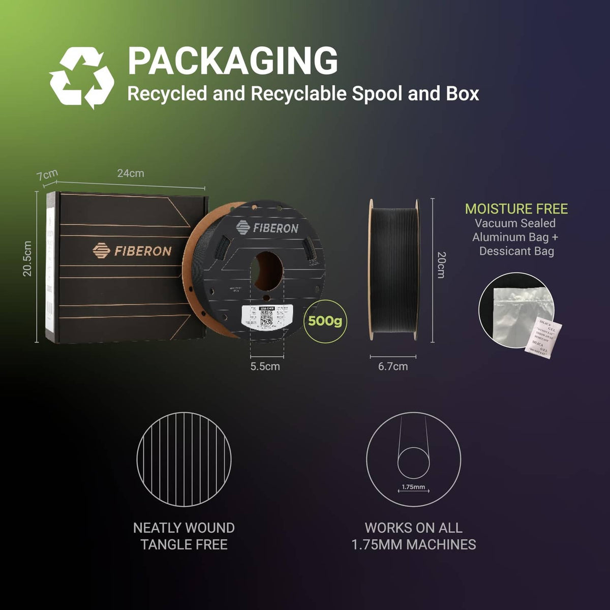 Filament packaging set with spool, box, and vacuum-sealed moisture barrier bag