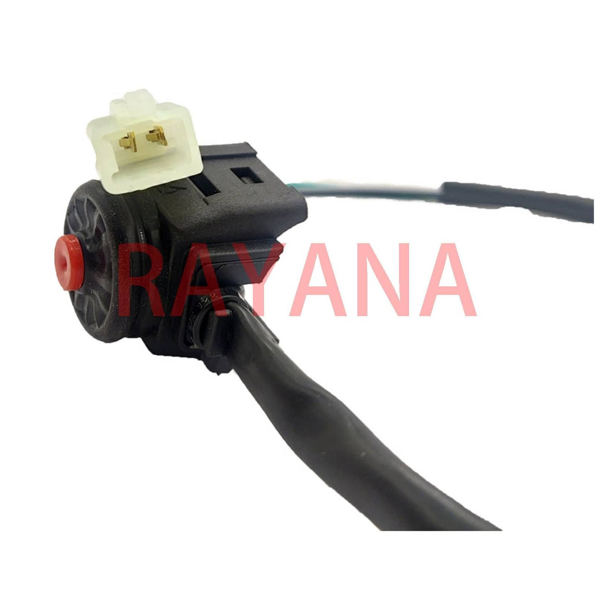 Kill switch with black housing, red push button, and white multi-pin wiring connector