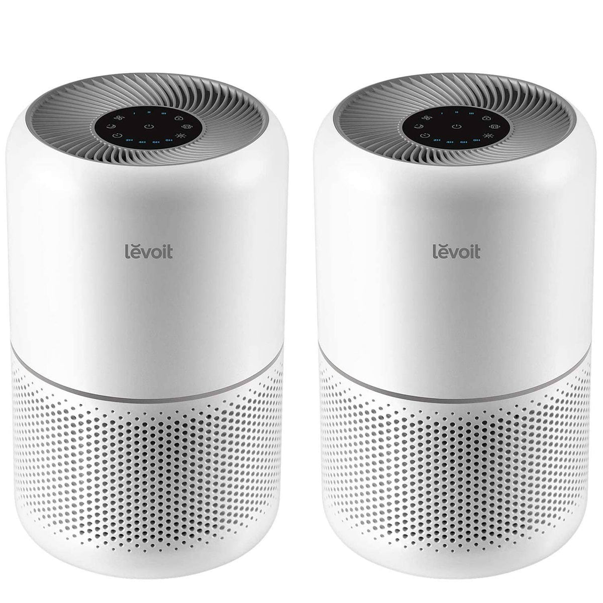 Pair of white air purifiers with top control panel and circular fan vent