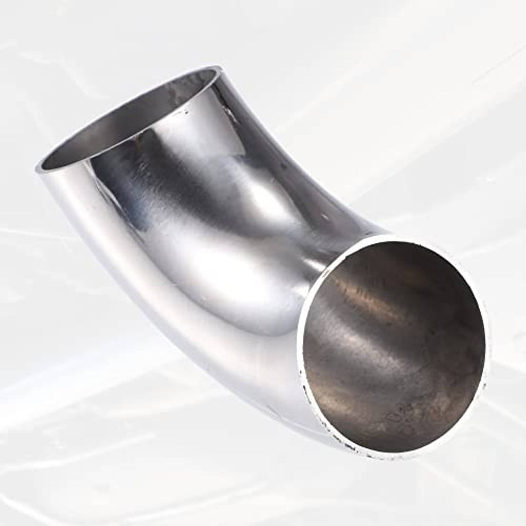 Stainless steel 90-degree elbow pipe with wide round inlet opening and curved tube