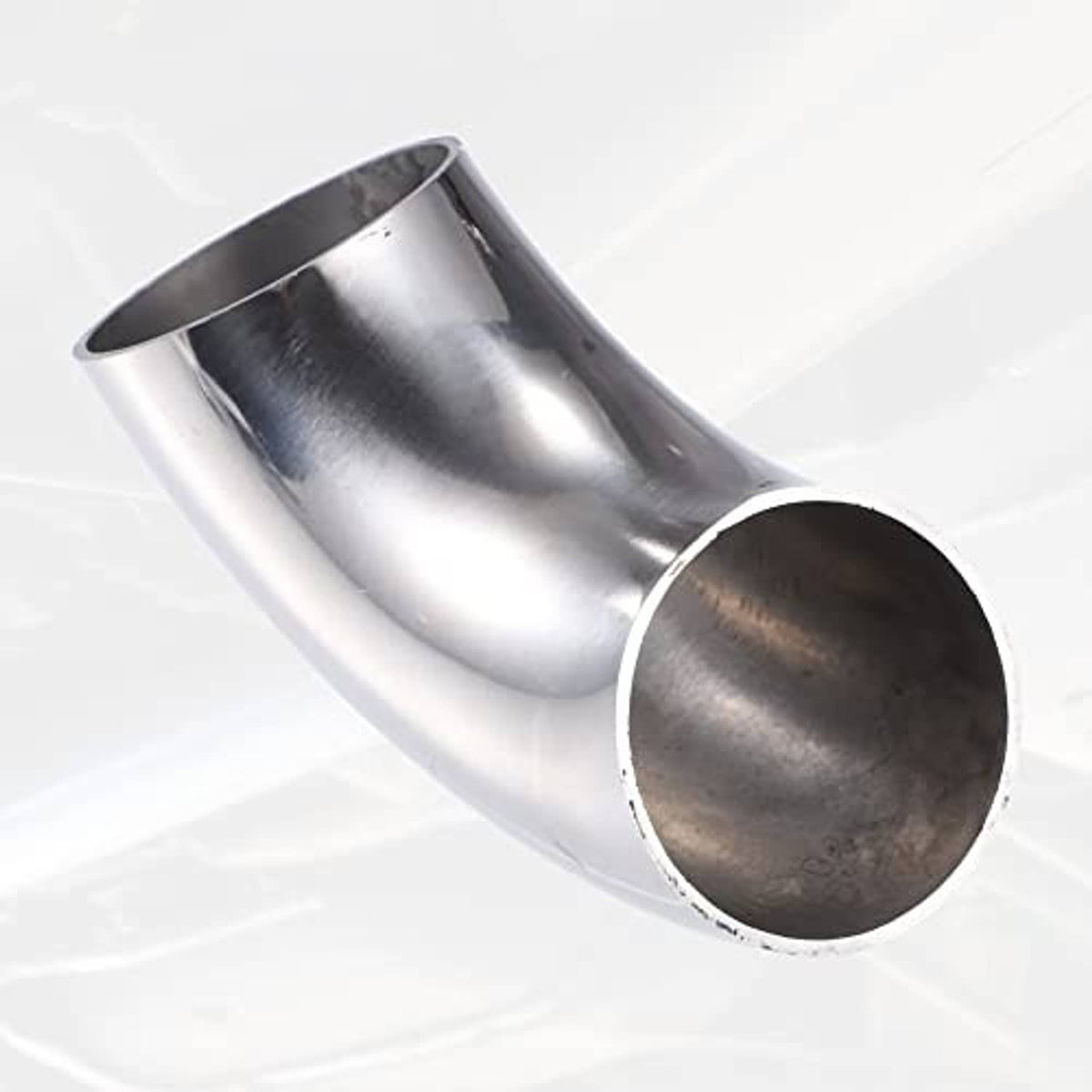 Stainless steel 90-degree elbow pipe with wide round inlet opening and curved tube