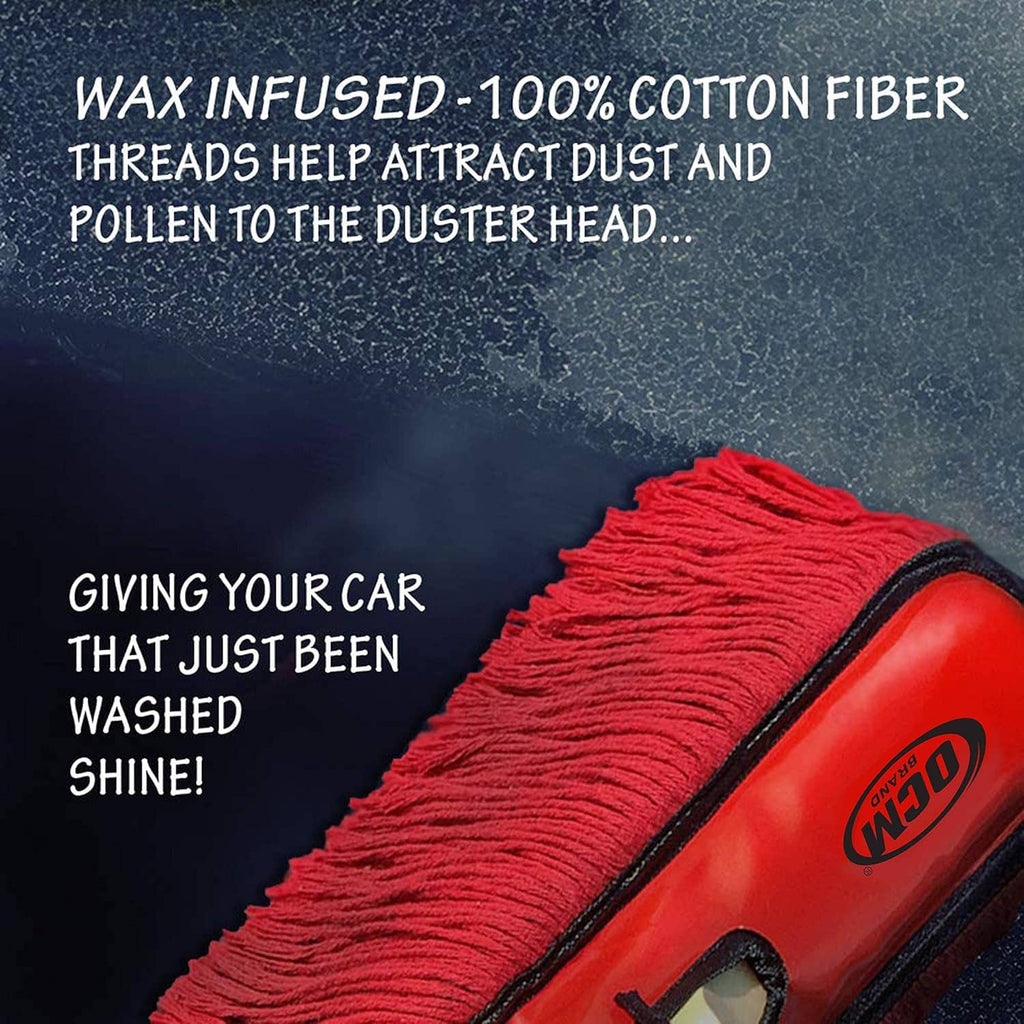 Red car duster head with black trim and wooden handle, wax-fiber style bristles