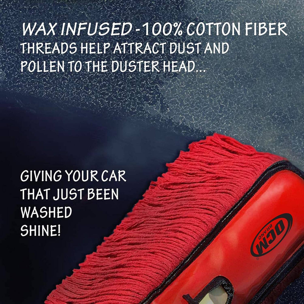 Red car duster head with black trim and wooden handle, wax-fiber style bristles