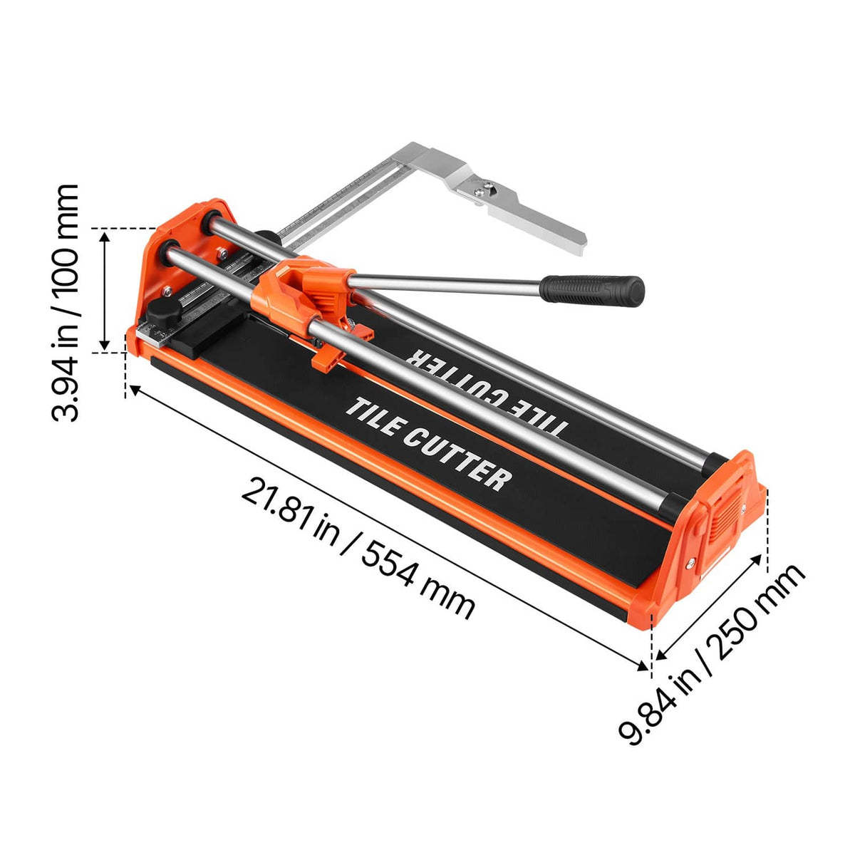 Uimoso manual tile cutter side view with orange base, black rails, and handle