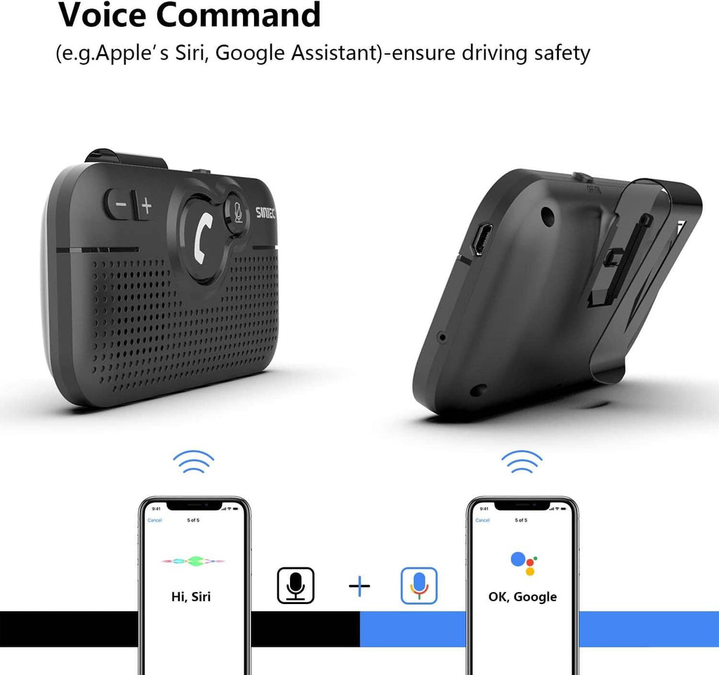 Black handsfree Bluetooth car kit speaker, front and side view with mounting clips