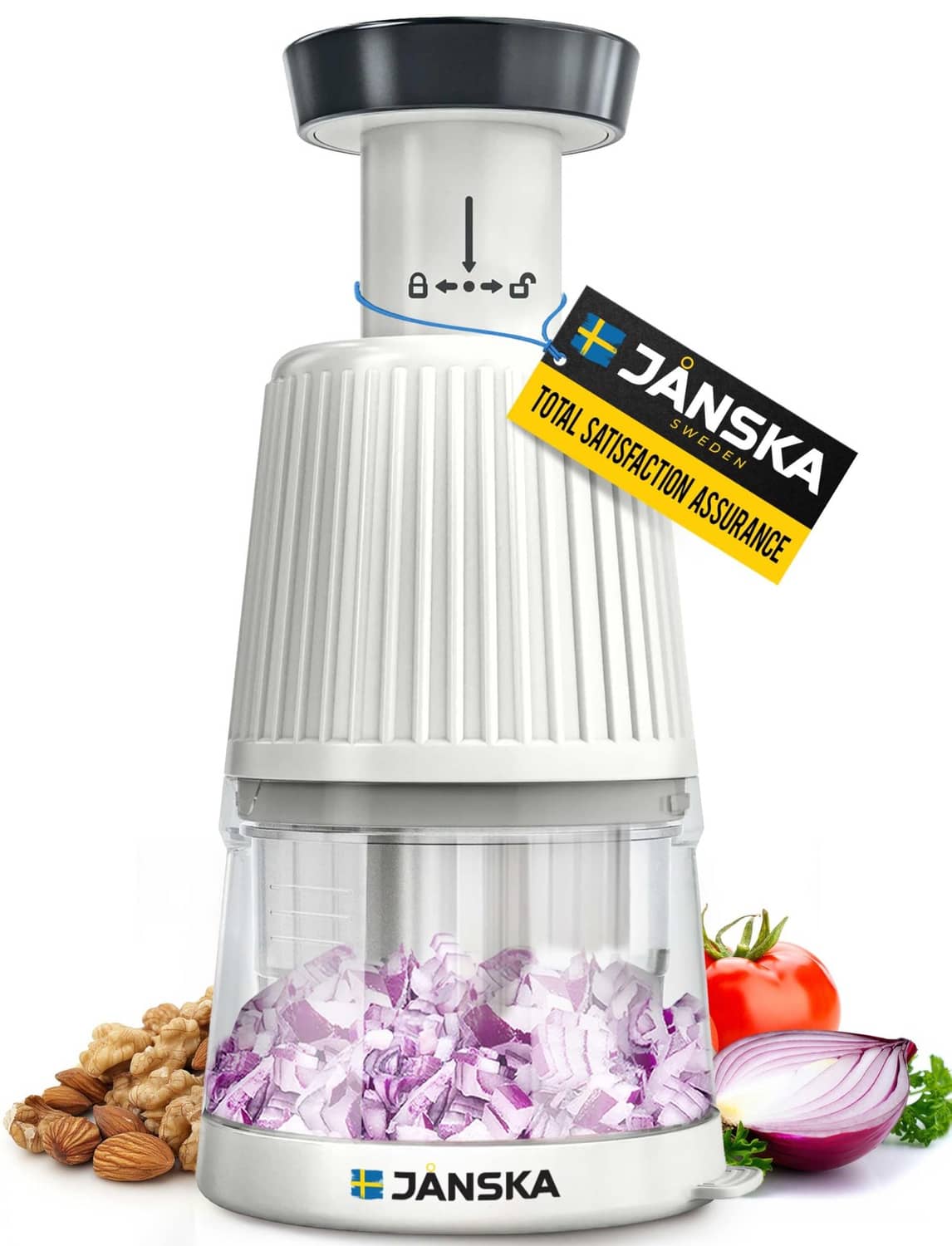 White push food and vegetable chopper with clear container and stainless blade, plus food pieces