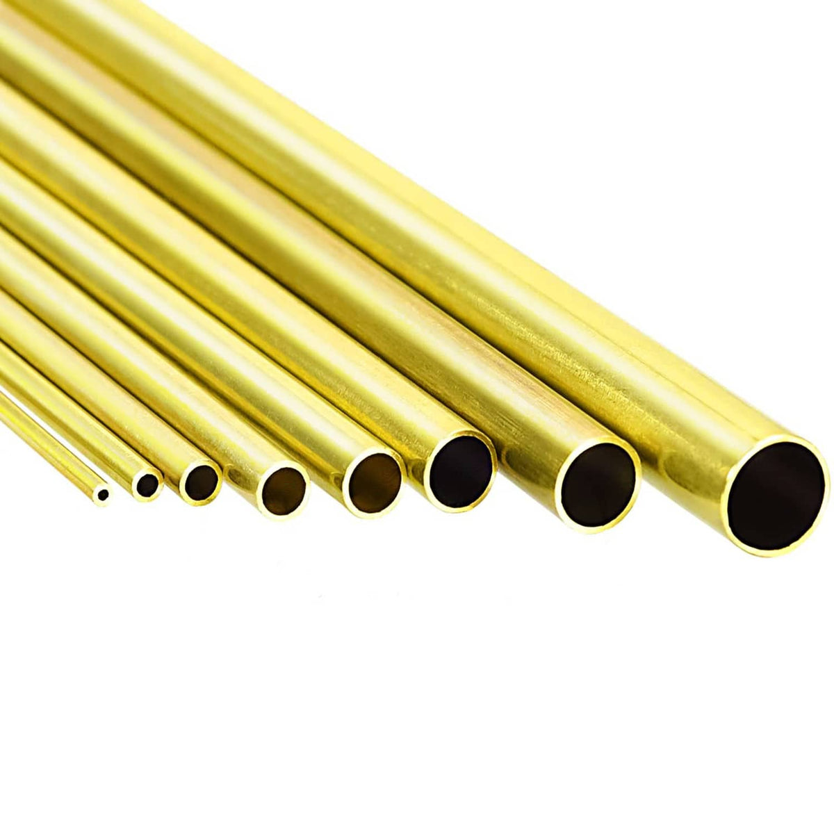 Gold brass tube assortment with open circular ends, various diameters